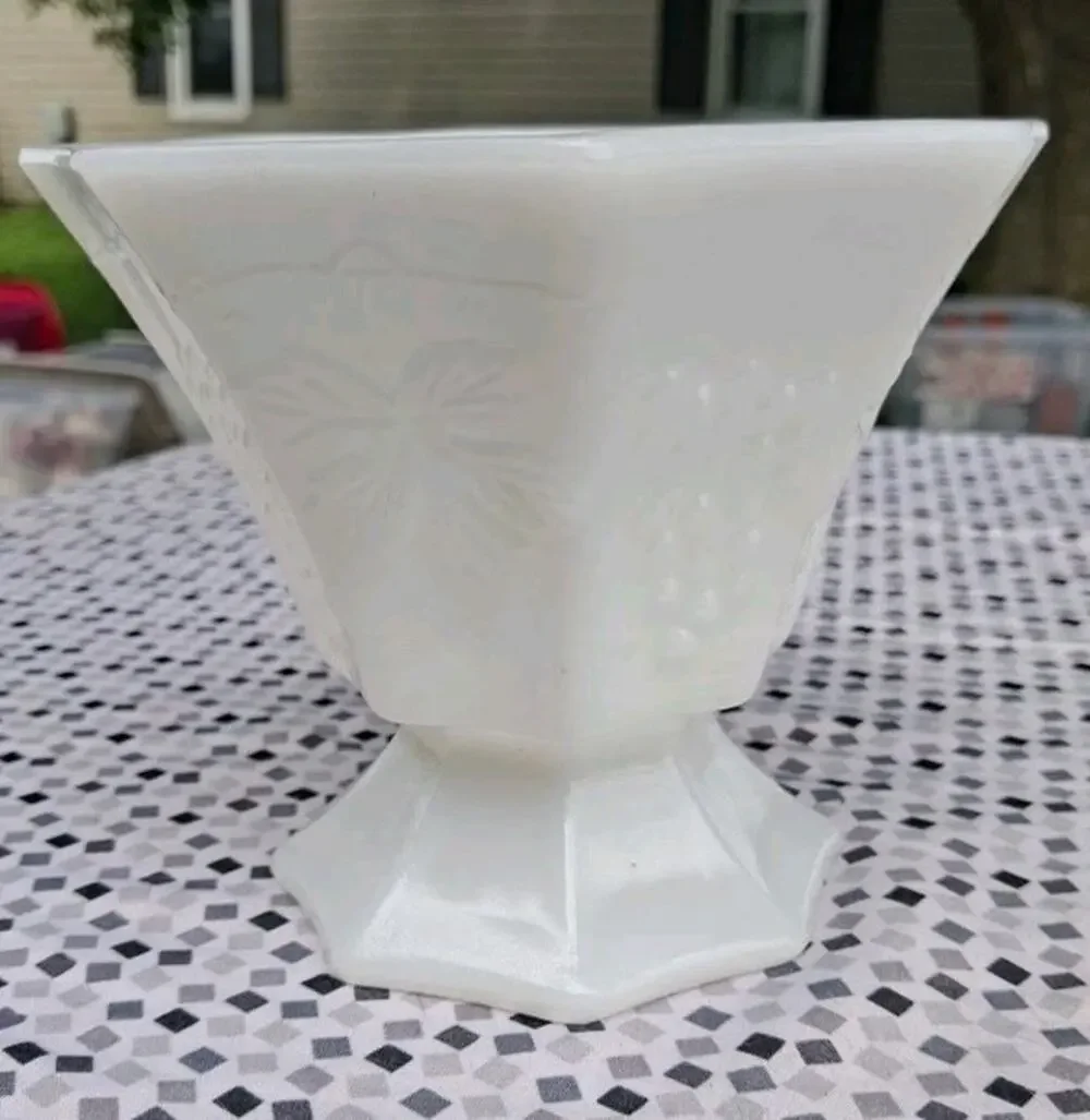 Milk Glass 8 Sided Dish Grape & Leaf Pattern 5